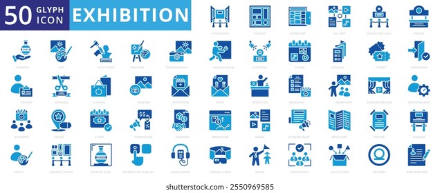 Exhibition icon set with display, showcase, gallery, exhibition hall, booth, curator, visitor, attendee, artist, art, sculpture, painting, photography, installation, lighting, theme, catalog, ticket