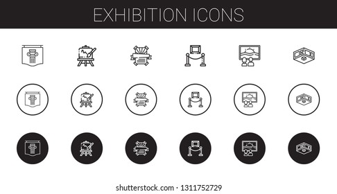 exhibition icons set. Collection of exhibition with poster, easel, canvas. Editable and scalable exhibition icons.