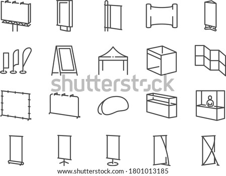 Exhibition line icon set. Included the icons as banner, backdrop, sign, bow flag, booth, advertising and more.