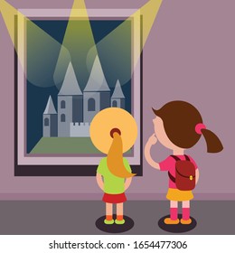 Exhibition little visitors viewing paintings at art gallery. Children regarding creative artworks or exhibits in museum. Vector illustration 