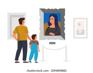 Exhibition Man Visitors Vector . Art Gallery Character Looking Museum Famous Picture Mona Lisa