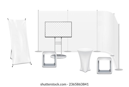 Exhibition mock-up set. Pop-up streamline backdrop, video digital LCD display, round cocktail table, X-banner stand, cube plinth pedestals vector mockup. Blank white template for brand design