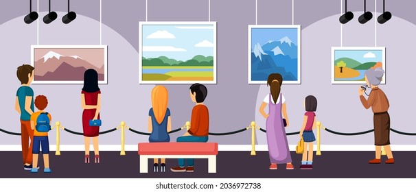 Exhibition of modern and retro art illustration. During excursion visitors see works of famous authors outstanding masterpieces present and past in landscape and surrealist style. Vector lifestyle.