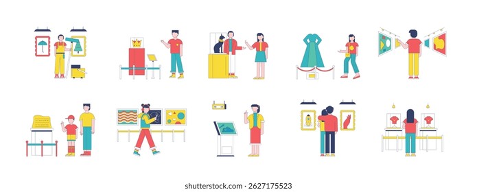 Exhibition in museum, learn history while looking at artwork. Design character. Vector flat illustration