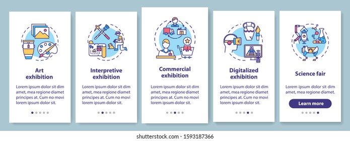 Exhibition and museum onboarding mobile app page screen with linear concepts. Exposition. Science fair. Five walkthrough steps graphic instructions. UX, UI, GUI vector template with illustrations