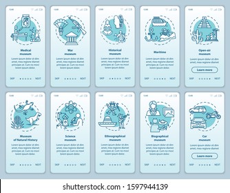 Exhibition and museum onboarding mobile app page screen vector template. Ethnography, biography. Walkthrough website steps with linear illustrations. UX, UI, GUI smartphone interface concept