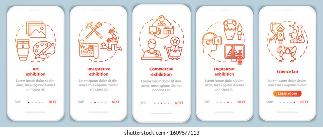 Exhibition and museum onboarding mobile app page screen vector template. Exposition. Science fair. Walkthrough website steps with linear illustrations. UX, UI, GUI smartphone interface concept