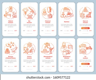 Exhibition and museum onboarding mobile app page screen vector template. Ethnography, biography. Walkthrough website steps with linear illustrations. UX, UI, GUI smartphone interface concept