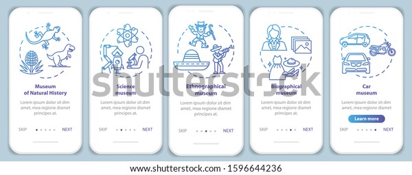 Exhibition and museum onboarding mobile app page\
screen vector template. Natural history. Walkthrough website steps\
with linear illustrations. UX, UI, GUI smartphone interface\
concept