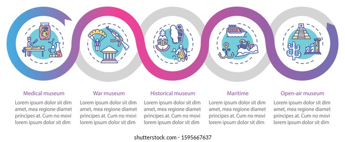 Exhibition and museum vector infographic template. Open-air exposition presentation design elements. Data visualization with five steps. Process timeline chart. Workflow layout with linear icons