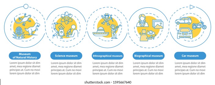 Exhibition and museum vector infographic template. Natural history presentation design elements. Data visualization with five steps. Process timeline chart. Workflow layout with linear icons