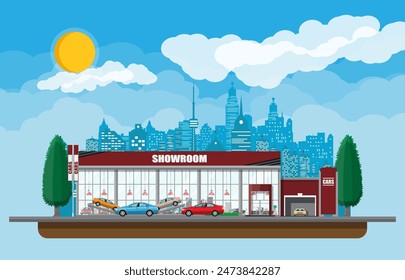 Ausstellungspavillon, Showroom oder Autohaus. Autosalon. Autohaus oder Geschäft. Auto-Service und Shop. Stadtbild, Straße, Haus, Baum, Himmel, Wolke und Himmel. Vektorillustration im flachen Stil