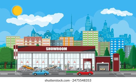 Exhibition pavilion, showroom or dealership. Car showroom building. Car center or store. Auto service and shop. Cityscape, road, house, tree, sky, cloud and sky. Vector illustration in flat style