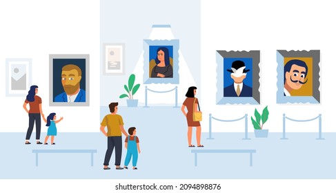 Exhibition people visitors vector. Art gallery character looking museum famous pictures.