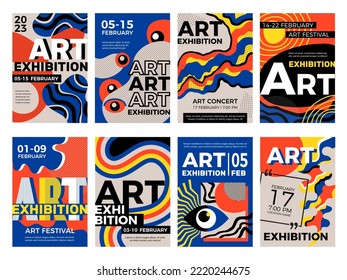 Exhibition placard. Creative ads poster invitation with abstract art objects and place for personal text trendy curvy shapes recent vector templates set