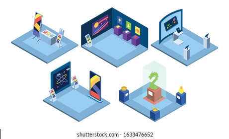 Exhibition places interiors isometric vector illustration. Art gallery, trade show, science fair isolated 3d layouts on white. Tradeshow stands, museum exhibits, historical exposition artifacts,