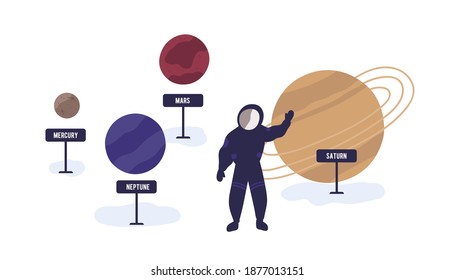 Exhibition in planetarium or space museum. Astronaut in spacesuit waving hand near the exhibits of solar system objects. Colorful models of planets. Flat vector cartoon illustration isolated on white