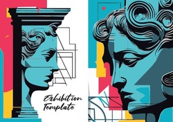 Exhibition Poster Or Banner Template. Art Objects. Classical And Contemporary Painting, Sculpture And Music. Hand Vector Illustrations, Plaster Bust, Statues And Abstract Shapes, Spots And Lines. 