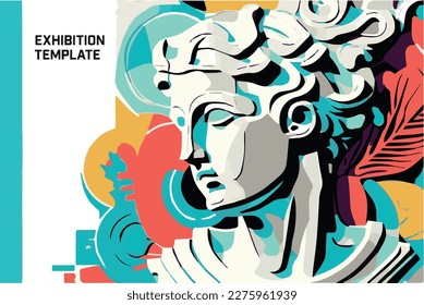 Exhibition poster or banner template. Art objects. Classical and contemporary painting, sculpture and music. Plaster bust, statues and abstract shapes, spots and lines. 