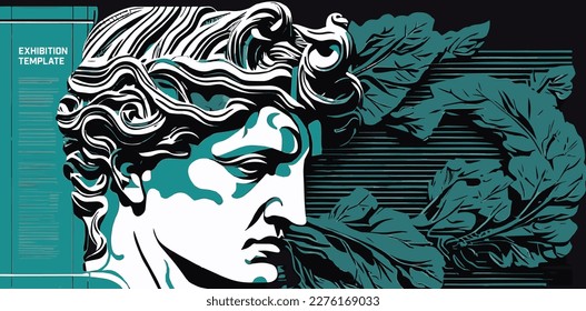 Cartel de exposición o plantilla de banner. Objetos de arte. Pintura clásica y contemporánea, escultura y música. Busto de escayola, estatuas y formas abstractas, puntos y líneas. Vector.