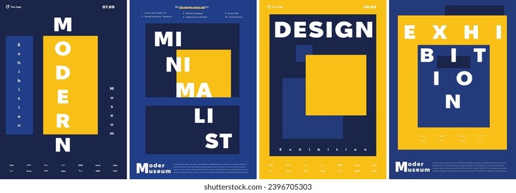 Exhibition posters set. Flyers and leaflets, booklets. Ivitation postcard for gallery or museum. Abstract creativity and art. Cartoon flat vector collection isolated on blue background