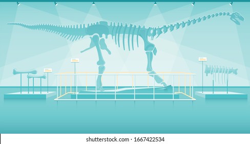 Exhibition Prehistoric Dinosaur Skeleton on Rock Podium. Ancient Bones Big Carnivore Animal. Historical Specimen. Jurassic and Dangerous Pangolin Structure. Modern Flat Cartoon Vector Illustration