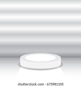 Exhibition presentation room with podium. Empty pedestal for award ceremony. Round podium for product advertising. Vector illustration