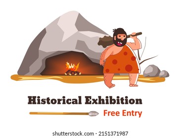 Exposición que presenta la cultura y las tradiciones de las personas primitivas, libre entrada para los visitantes. Museo y educación, hombre de madera golpeado por el fuego en las cuevas, tiempos antiguos y prehistóricos. Vector en plano