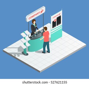 Exhibition promotion composition with isometric stand and female promoter vector illustration 