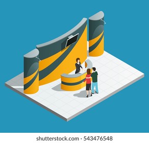 Exhibition promotion stand composition with isometric promo desk promoter and visitors vector illustration