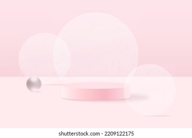 Exhibition round cylindrical podiums. Platform, product pedestal 3d vector illustration on pink background. Valentine’s day, birthday anniversary, holiday discounts, sale.