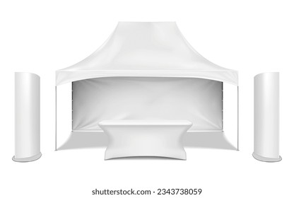 Exhibition set. Blank white gazebo canopy tent with promotional table and trade show display stands realistic vector mock-up. Business trade fair mockup kit