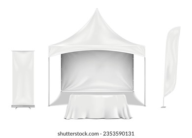 Exhibition set template. Blank white gazebo canopy tent, table covered with tablecloth, feather flag, roll-up retractable banner stand. Vector mock-up. Business trade show mockup kit