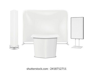 Exhibition set template. Blank white promotional table counter, rotating column pillar display, TV LCD monitor stand, floor backdrop banner. Vector mock-up. Trade show booth mockup kit