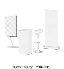 Modelo de conjunto de exposições. Branco branco branco balcão de mesa de show, giratório bar banqueta com apoio para os pés, monitor LCD suporte de TV de vídeo, roll-up banner retrátil. Mock-up de vetor. Kit de maquete do estande da feira comercial