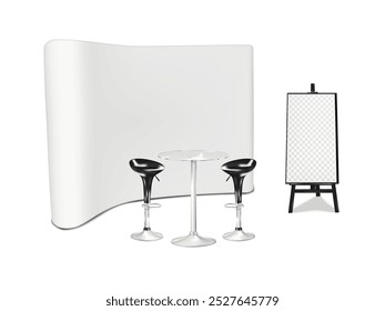 Exhibition set template. Blank white trade show backdrop display, round clear glass counter bar table, high swivel chairs, lcd monitor stand on easel pedestal. Vector mock-up. Tradeshow booth mockup