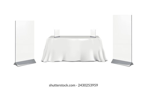 Exhibition set template. Table covered with white tablecloth with blank floor and countertop pop banner stands mockup. Trade show booth kit. Vector mock-up
