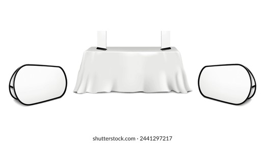 Exhibition set template. Table covered with white tablecloth with blank double-sided floor and countertop pop banner display stands mockup. Trade show booth kit. Vector mock-up