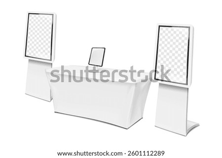 Exhibition set template. Tradeshow blank white stretch cover table for brand design, desktop digital tablet stand, interactive touch screen kiosk floor stands. Mockup. Trade show kit. Vector mock-up