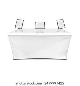 Exhibition set template. Tradeshow table with blank stretch cover for brand design and tablet stands. Mockup. Trade show booth kit. Vector mock-up