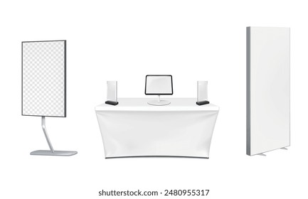 Exhibition set template. Tradeshow table, clear acrylic table tents, digital tablet stand, video TV LCD display, lightbox standee. Mockup. Trade show booth kit. Vector mock-up. Template for design