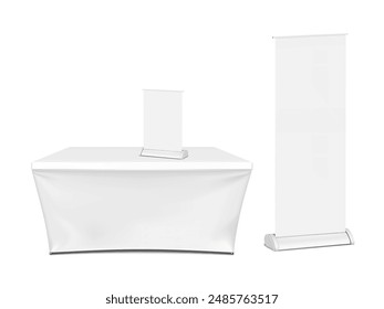 Plantilla del set de exhibición. Mesa de la feria comercial con cubierta de estiramiento en blanco para el diseño de la marca con el piso en blanco y los soportes de Anuncio retráctiles de la encimera. Maqueta. Kit de stand de feria. maqueta de Vector