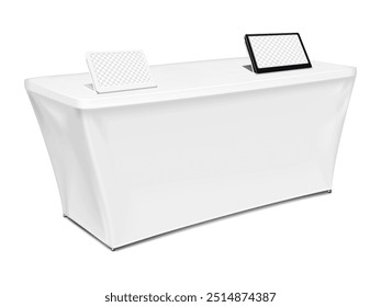 Plantilla de conjunto de exposición. Mesa de feria con cubierta de estiramiento en blanco para el diseño de la marca, tabletas blancas y negras o expositores de papel electrónico. Maqueta 3D. Kit de stand de feria. Maqueta de Vector