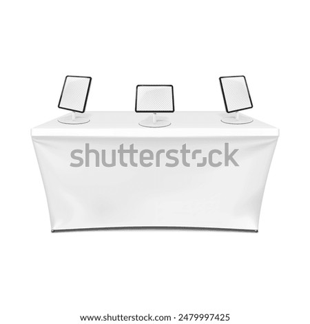 Exhibition set template. Tradeshow table with blank stretch cover for brand design and tablet stands. Mockup. Trade show booth kit. Vector mock-up