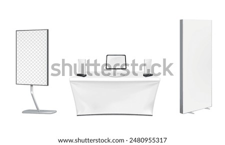 Exhibition set template. Tradeshow table, clear acrylic table tents, digital tablet stand, video TV LCD display, lightbox standee. Mockup. Trade show booth kit. Vector mock-up. Template for design