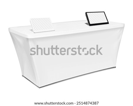 Exhibition set template. Tradeshow table with blank stretch cover for brand design, white and black tablet or e-paper display stands. 3d mockup. Trade show booth kit. Vector mock-up