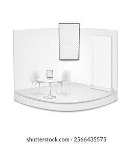 Exhibition set template. White trade show corner booth with video TV LCD screen, table, countertop tablet stand, two chairs, roll-up banner. Vector 3d mock-up. Tradeshow expo display kit mockup