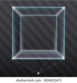The exhibition showcase a hologram. Cube of plasma. Projection. Vector graphic with transparency effect