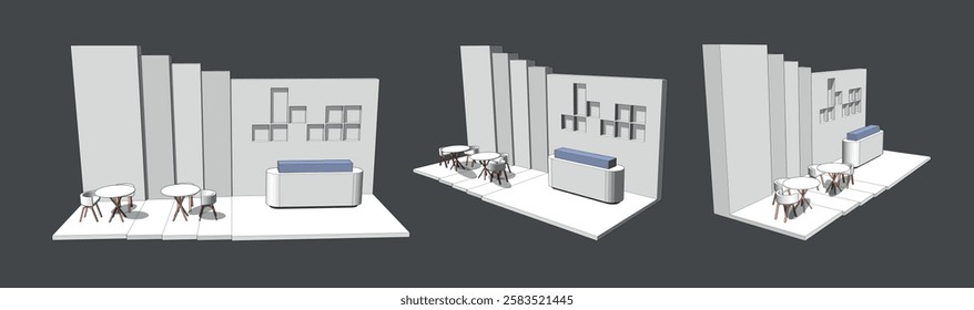 Exhibition stall modern design, Stage branding and Corporate identity. 3d Realistic vector illustration of studio or exhibition room interior mockup. Trade expo.