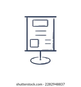 Exhibition stand. Advertising and presentation. Commercial fair display line illustration icon hand drawn